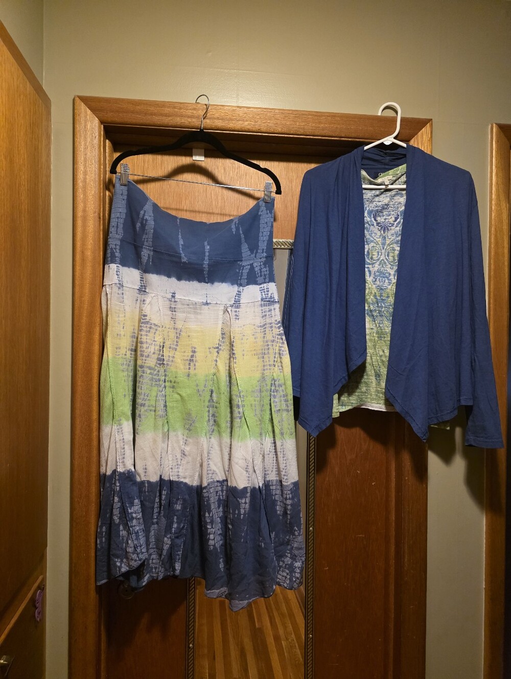 Tracy Evans Navy, White, Green, Yellow Tie-Dye Maxi Skirt